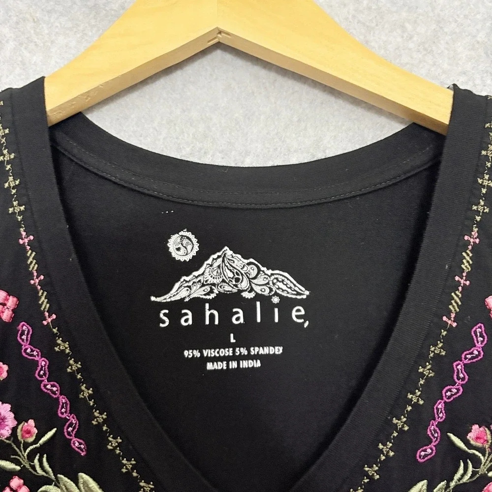 SAHALIE Womens Embroidered Top Size Large Black Bohemian Hippie Gypsy Long Slv - Picture 5 of 6